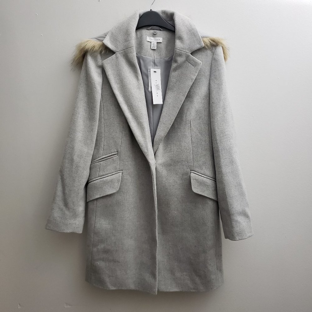 Topshop Gray Long Coat Faux Fur Trim Pocket - Picture 1 of 8